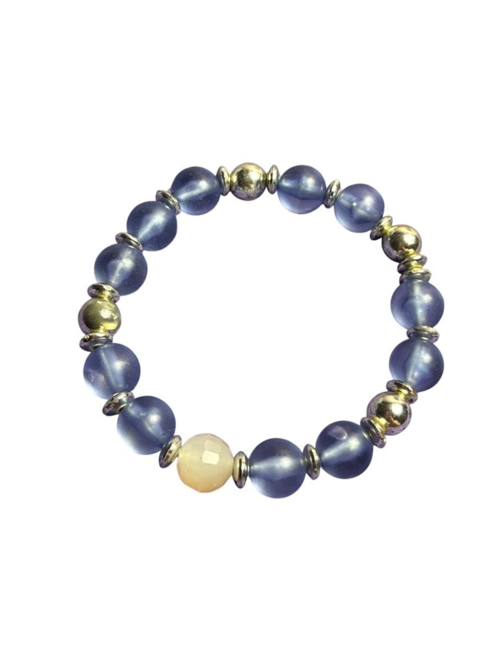 Beaded Stretchy Bracelet Blue Plastic Silvertone Faceted Glass 6.25" Unstretched